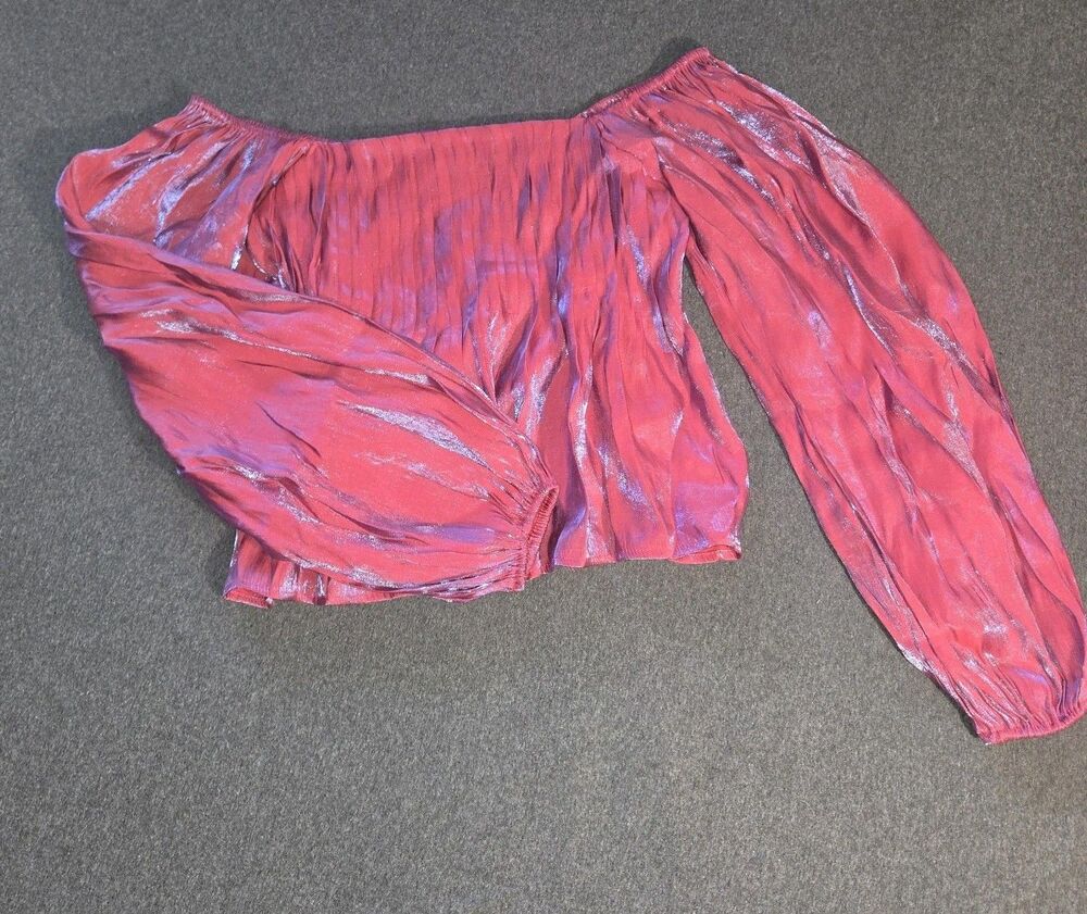 Altar'd State Blouse Hot Pink Iridescent Crop Top Balloon Sleeves Off Shoulder S
